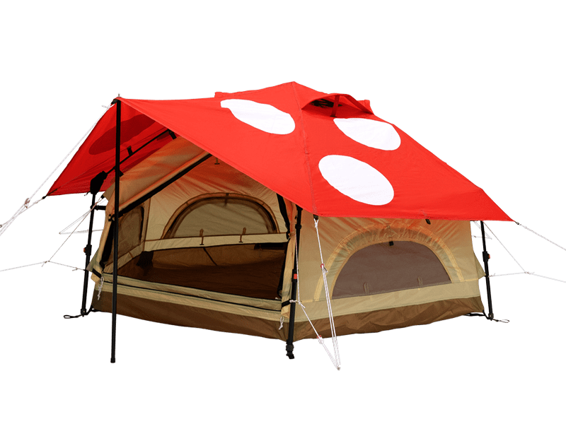 Red and beige Kinoko Mushroom Tent (S) with white-spotted roof