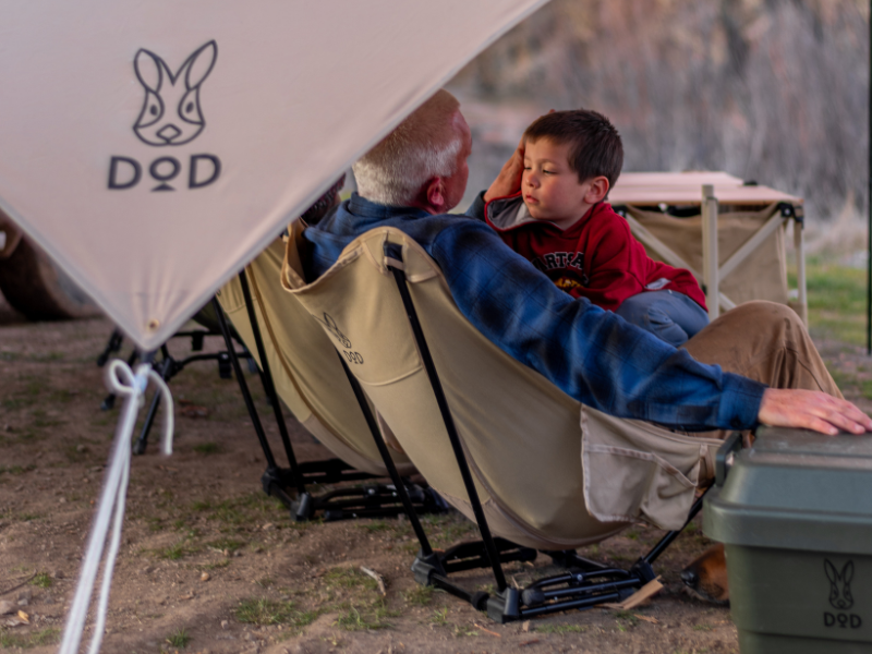 Sugoi Chair beige and black foldable camping chair with rabbit logo