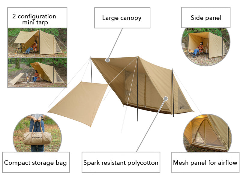 A product infographic showing a tan camping canopy tent with labeled callouts: 'Large canopy,' 'Side panel,' 'Compact storage bag,' 'Spark resistant polycotton,' and 'Mesh panel for airflow.' Two small inset photos show the tent in use outdoors, and one photo shows a person carrying the tent in a bag.