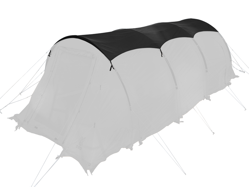 A tunnel-style camping tent shown on a plain white background, with a black roof and light gray body panels and guy lines.
