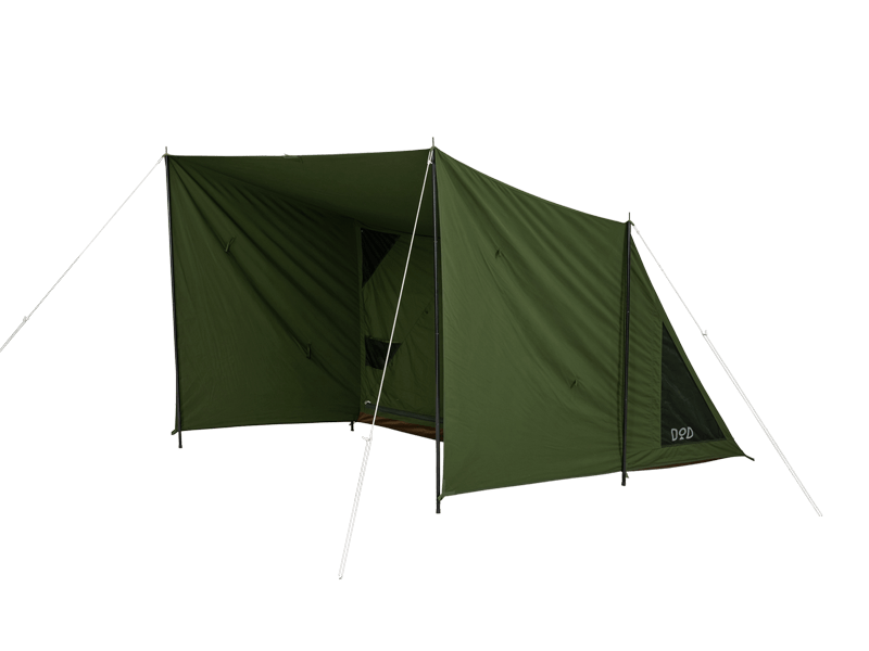 An olive green outdoor shelter tent with white guy lines, shown on a plain white background.