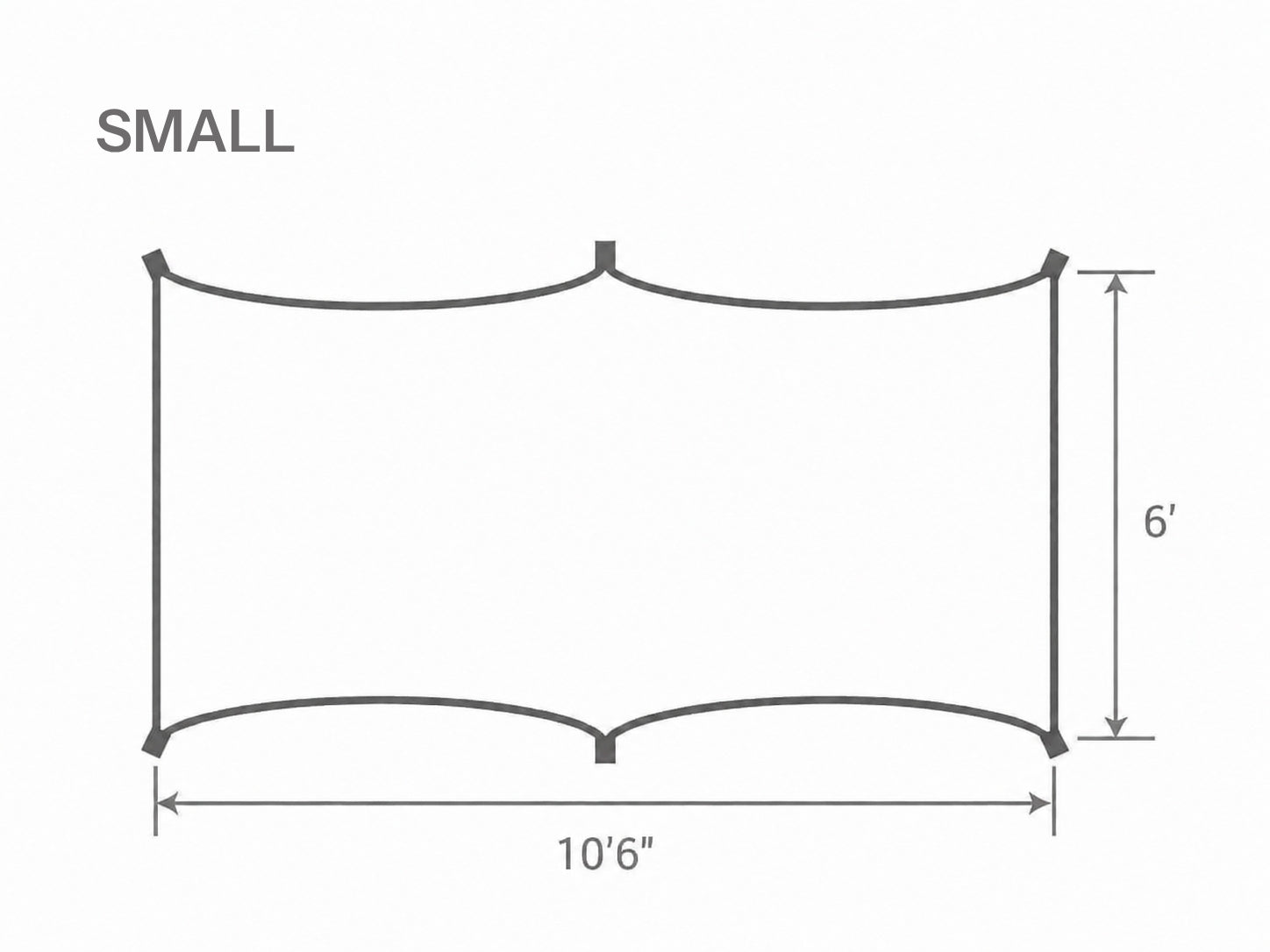 A simple line drawing on a white background showing a small rectangular hanging screen or mesh panel with curved top and bottom edges. The image includes the word “SMALL” at top left and dimension arrows labeling the panel as 10”6” wide and 6” tall.
