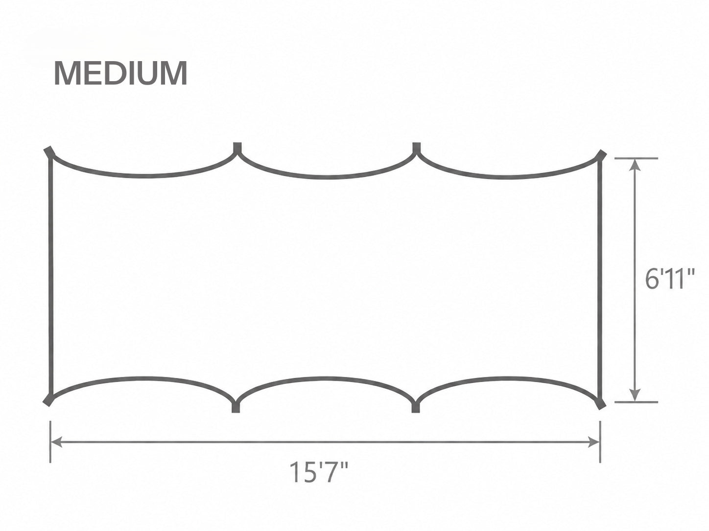 A simple line drawing on a white background showing a medium-sized rectangular mesh or fabric panel with scalloped top and bottom edges, labeled 15'7" wide by 6'11" tall.